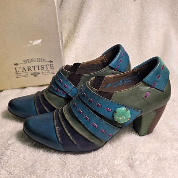 Spring Step L'Artiste Shoes - L'Artiste Wondrous Turquoise Green Blue Leather Booties Heels Womens 38 7 NEW